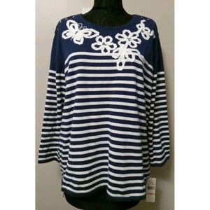 Alfred Dunner Women Navy Blue White Sequins Ribbon Floral‎ Butterfly Top Size 2x